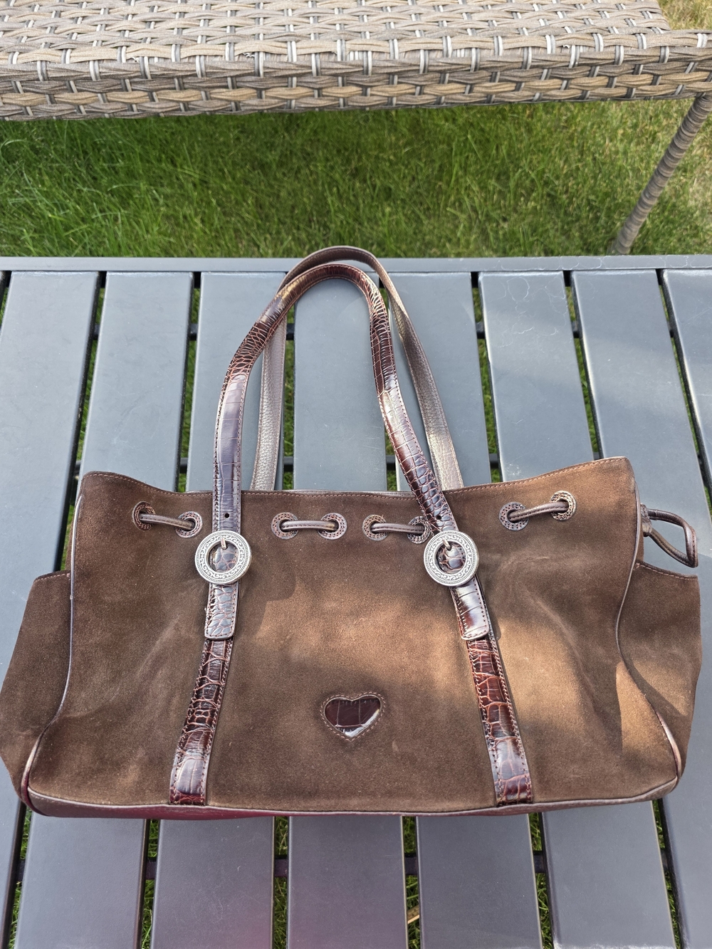 Brighton Brown Suede Shoulder Bag Croc Trim Silver Heart Charm Drawstring GUC - Picture 3 of 8